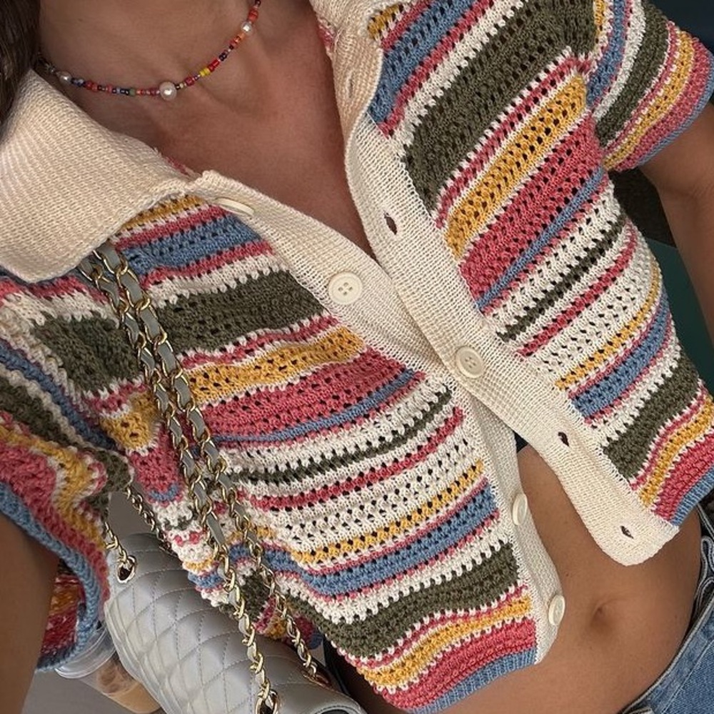 Zara Multicolor Striped Crochet Knit Cropped Shirt